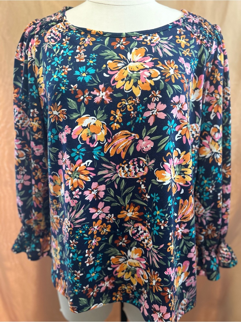 crown & ivy Navy Floral Long-Sleeve Blouse